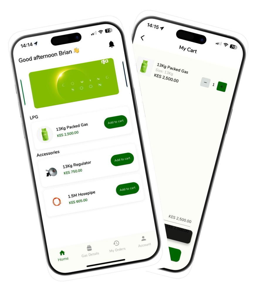 Nia App mobile ordering interface showing J-Gas cylinders and cart