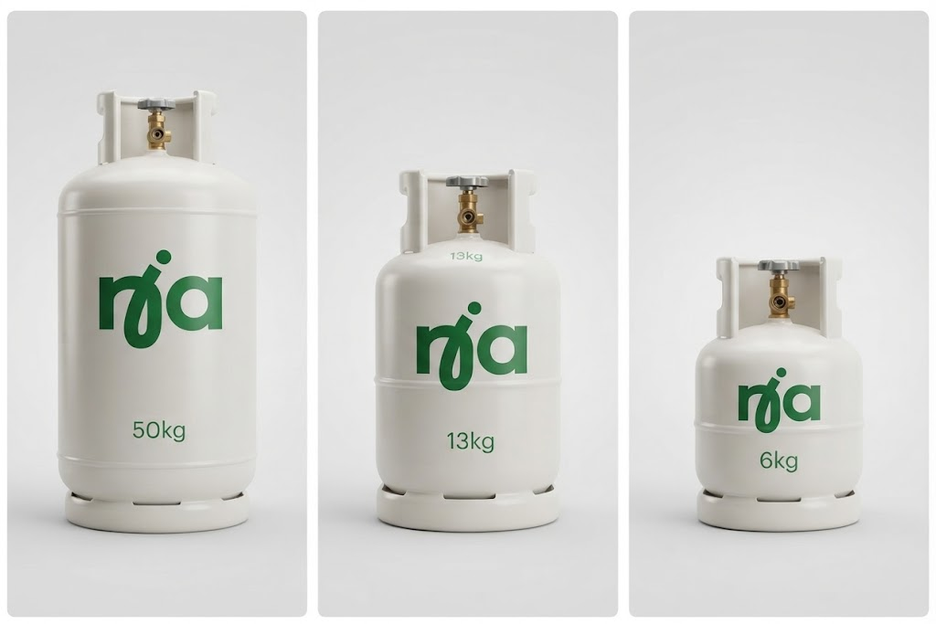 Nia cooking gas cylinders range: 50kg, 13kg, 6kg