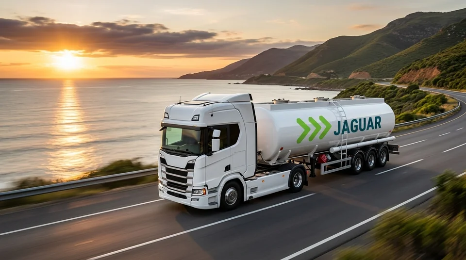 Jaguar Petroleum fuel distribution truck and energy maritime terminal at sunset